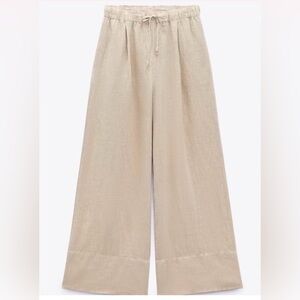 Zara 100% Linen Palazzo Pant in a beige tan color